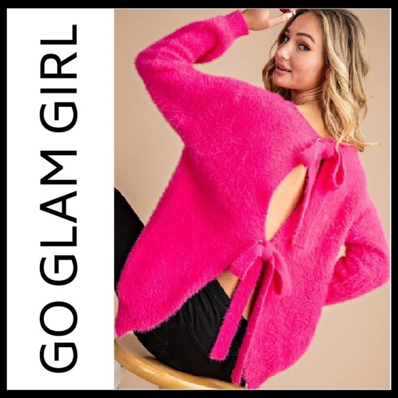 NWT Hot Pink Back Tie Faux Fur Sweater - Picture 3 of 5